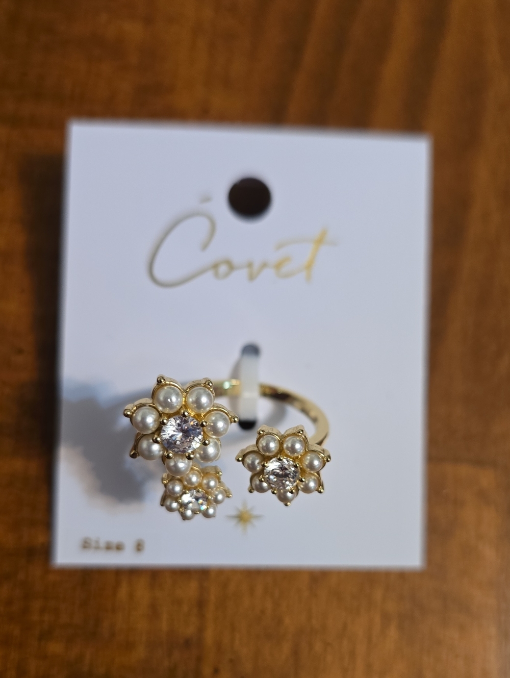 Covet Gold Floral Pearl & Crystal Open Ring - White Pearls
